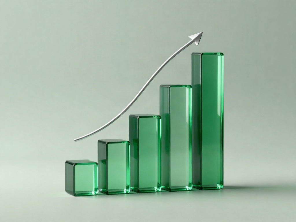 Translucent green glass columns rising beneath a silver arc, representing informed business growth